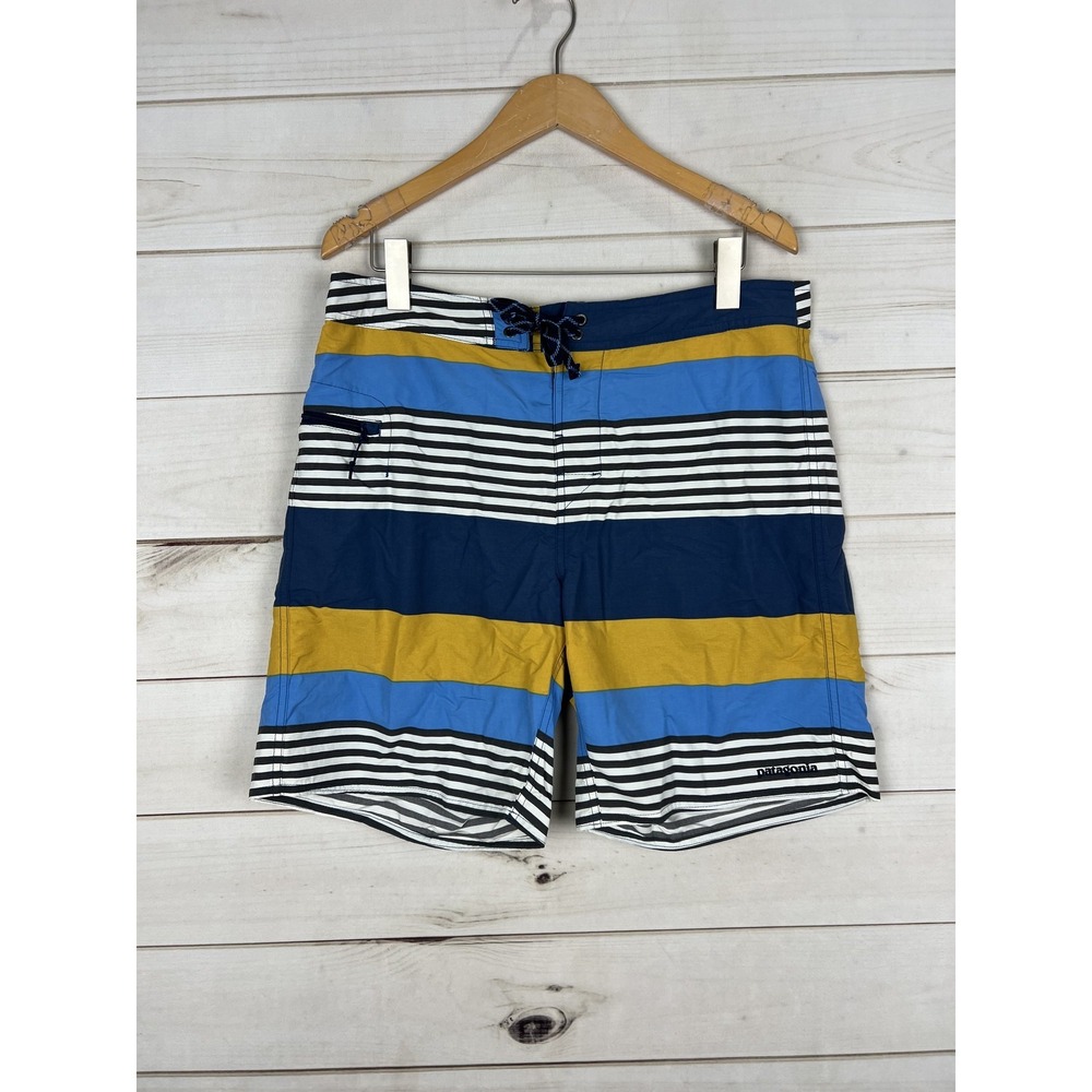 Patagonia Board Shorts Mens 34 Blue Yellow Stripe Swim Trunks Nylon Surf Beach
